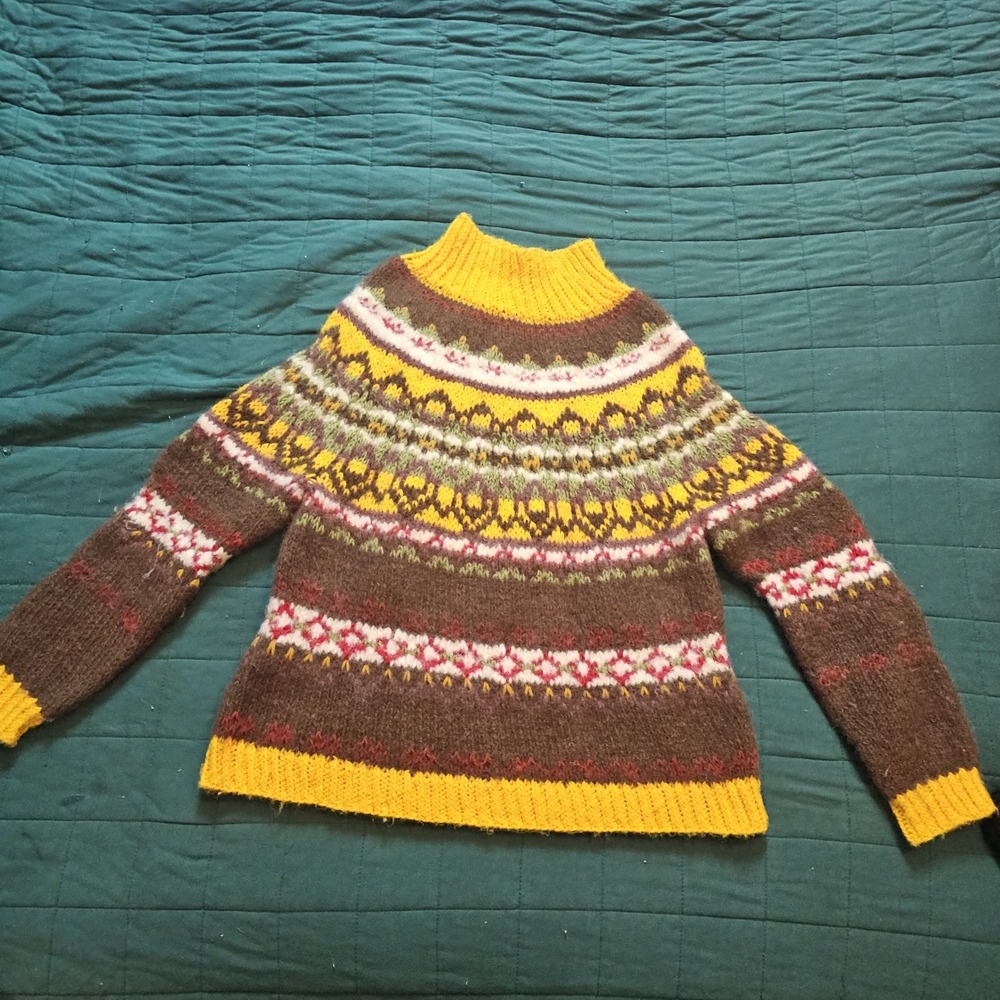 Vintage Handknit Kids Sweater Jumper Kids 6-8 Nordic Fair Isle Yellow Brown Wool